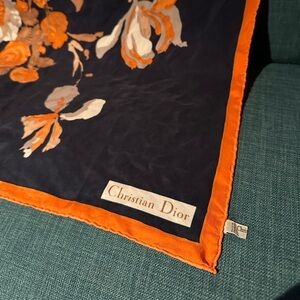 Vintage Dior Floral Silk Scarf - Orange and Cream on Marine